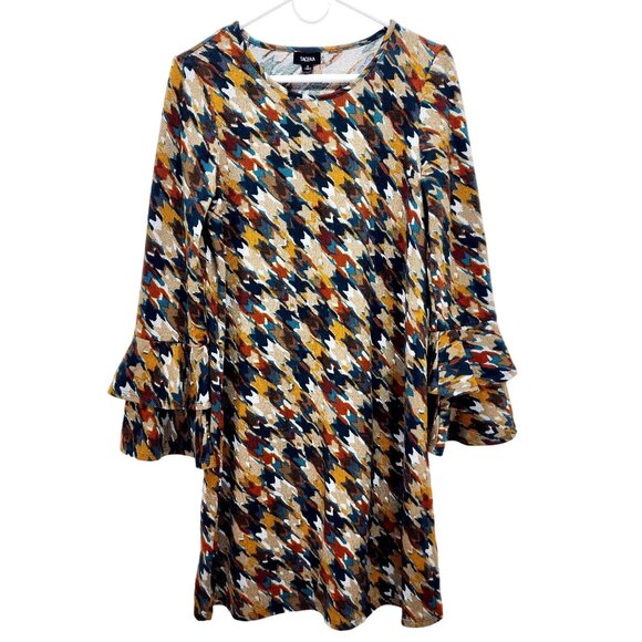 Tacera Womens Houndstooth tuning Dress With Bell Sleeves Multicolor Size S - Picture 1 of 12